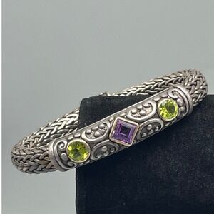 Samuel Behnam BJC Sterling 3 stone Amethyst and Peridot Station Bracelet foxtail